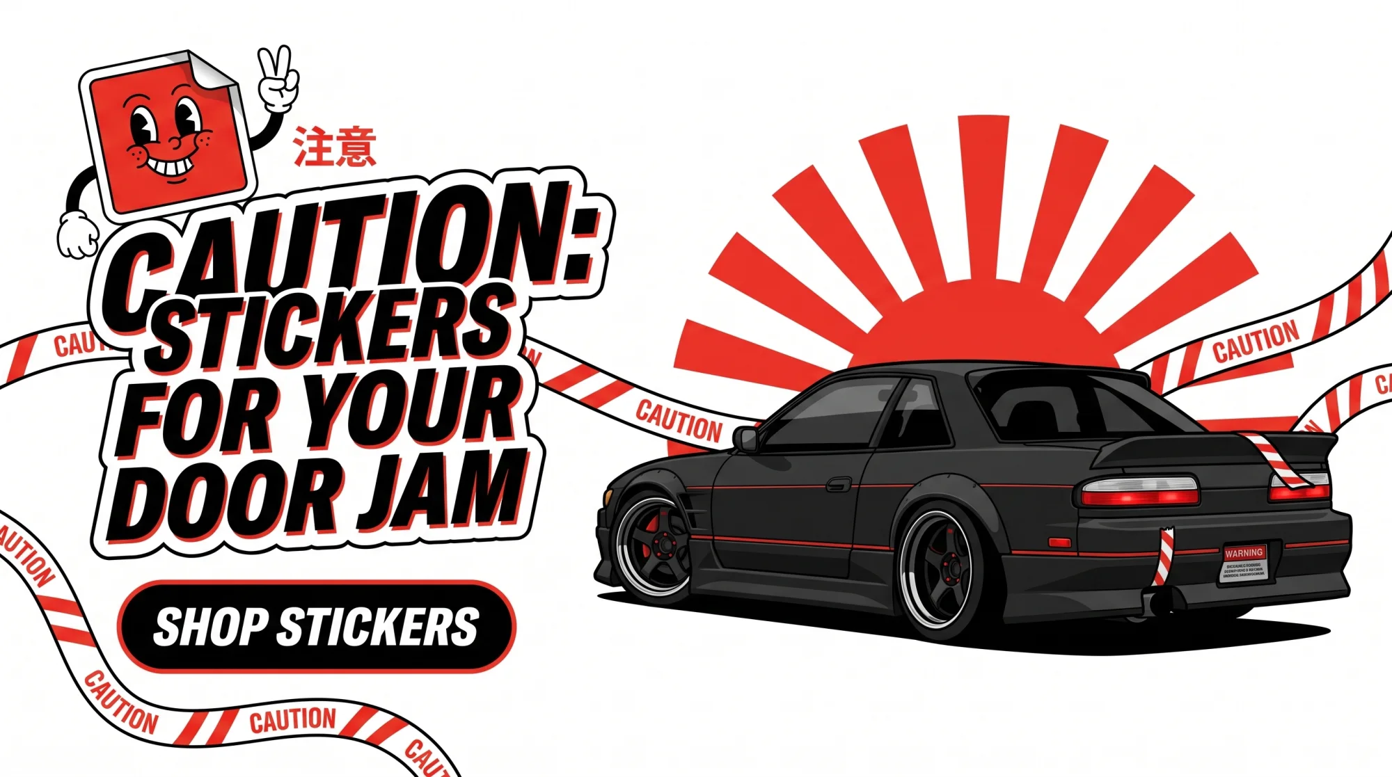 JDM caution stickers, rising-sun styling
